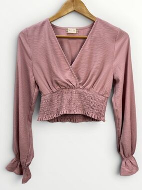 Romantic Boho V Neck Crop Top Altar'd State Smocked Cottagecore Pink Fairy Med